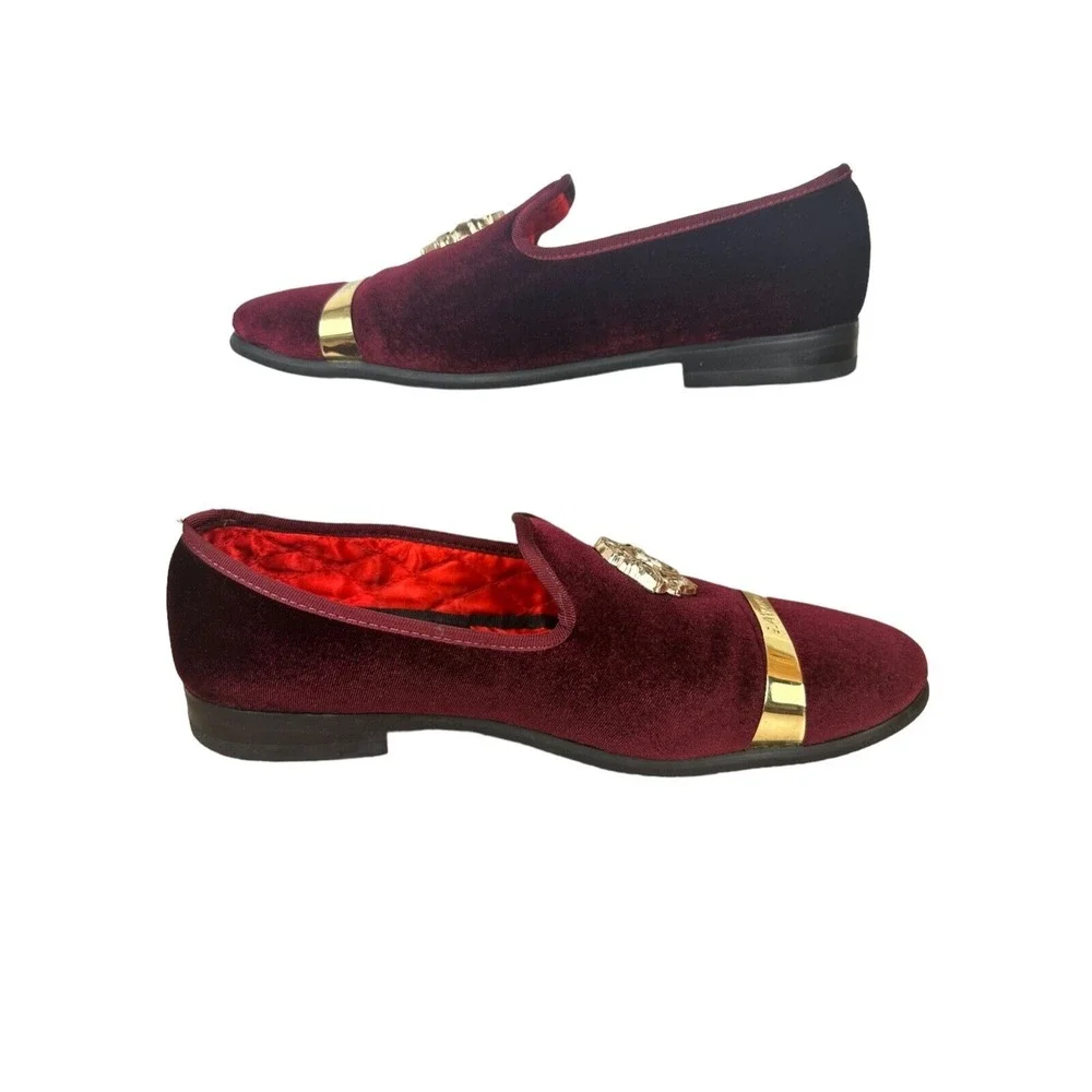 ELANROMAN Men's Loafers Wine Red Velvet With Gold Accent Dress Shoes_SZ 11‎ EU45
